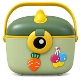 A cute, cartoon-style hard plastic storage container or lunch box with a yellow handle and lid. The main body is a light sage green, while the lid and handle are a darker olive green, accented with bright yellow details.