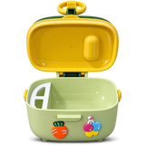 A children's plastic storage container with a lid, shown open. The container is light green with a yellow interior and handle, featuring small colorful cartoon decorations on the front.