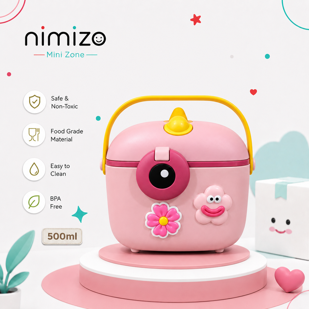 A pink mini food storage container with a yellow handle and cute cartoon decorations, displayed on a white and pink pedestal. The brand name 'nimizo' is visible at the top left, along with feature icons for safe, non-toxic, food-grade material, easy to clean, and BPA free.