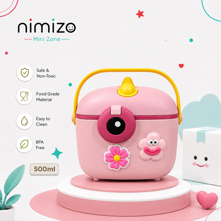A pink mini food storage container with a yellow handle and cute cartoon decorations, displayed on a white and pink pedestal. The brand name 'nimizo' is visible at the top left, along with feature icons for safe, non-toxic, food-grade material, easy to clean, and BPA free.
