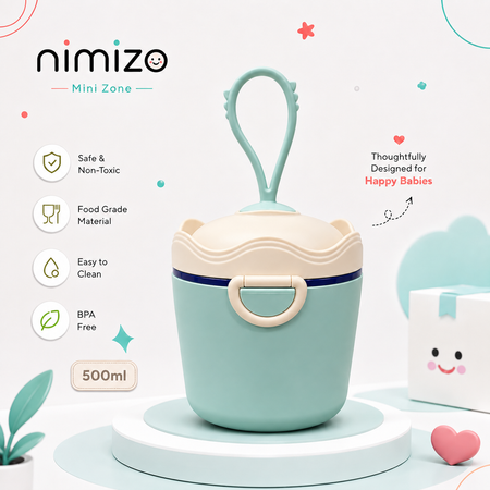 A 500ml baby food storage container by nimizo Mini Zone, featuring a mint green body, cream-colored lid and handle, and a dark blue rim. The container is displayed on a light blue pedestal with promotional text and icons highlighting its safety, food-grade material, ease of cleaning, and BPA-free status.