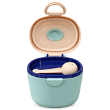 A pastel-colored silicone baby feeding container shown open, featuring a mint green base, a dark blue inner liner, and a peach-colored lid with a matching handle and spout.