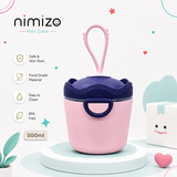 A pink and navy blue mini diaper pail shown on a white pedestal with promotional text and icons on the left. The brand name 'nimizo' is visible at the top left.