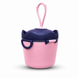 A pink and navy blue silicone baby feeding cup with a carrying handle and side loops, shown on a clean white background.