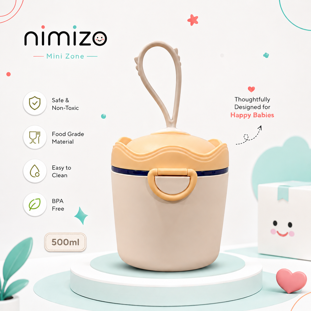 A 500ml baby bottle storage container by nimizo Mini Zone, featuring a beige body, a light yellow lid and handle, and a thin navy blue accent band. The product is displayed on a white and light blue pedestal with promotional text and icons highlighting its safety, food-grade material, and BPA-free status.