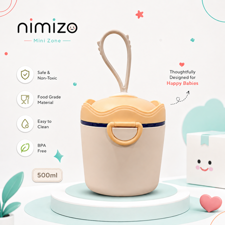 A 500ml baby bottle storage container by nimizo Mini Zone, featuring a beige body, a light yellow lid and handle, and a thin navy blue accent band. The product is displayed on a white and light blue pedestal with promotional text and icons highlighting its safety, food-grade material, and BPA-free status.