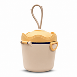 A cream-colored plastic storage container with a yellow lid and handle, featuring a dark blue rim accent, set against a plain white background.