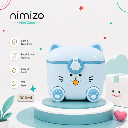 A light blue cat-shaped mini food storage container by nimizo, displayed on a white and teal pedestal with product feature icons on the left.
