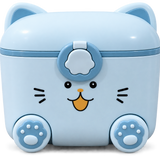 A light blue cat-shaped lunch box with a smiling face, paw prints on the wheels, and a cloud-shaped front button, shown on a plain white background.