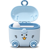 A light blue children's toy container with a cartoon cat face and paw-print wheels, shown open with a white scoop inside, on a plain white background.