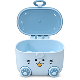 A light blue cat-shaped plastic container with an open lid, featuring a printed cat face and paw-print wheels on the front, shown on a plain white background.