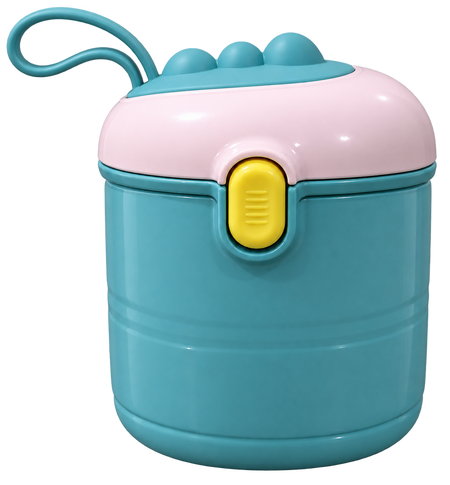 A reusable lunch container with a teal blue body, a pastel pink lid, and a bright yellow flip-top clasp, shown on a plain white background.