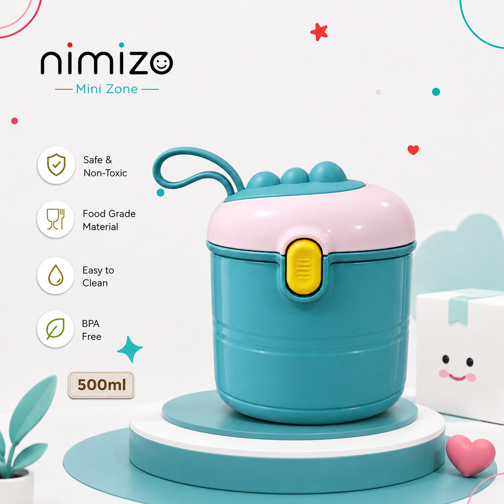 A 500ml mini zone baby bottle feeder by nimizo, featuring a pastel pink lid, teal body, and a yellow flip-button latch, displayed on a white and teal pedestal with product feature icons on the left.