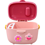 A pink plastic storage container with its lid open, featuring a white plastic spoon inside, decorative flower and cloud stickers on the front, and yellow side handles, shown on a plain white background.
