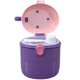 A purple and pink plastic food storage container with its lid open, showing a white scoop inside, isolated on a white background.