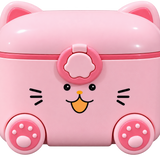 A pink cat-shaped storage box or container with ears on top, paw-print wheels, and a cute face on the front, shown on a plain white background.