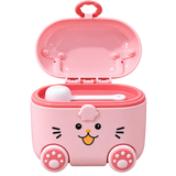 A pink children's storage case with a cute cat face design, shown open with a white spoon inside. The case has wheels and a top handle, photographed on a clean white background.