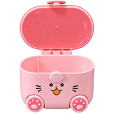 A pink plastic storage container designed like a cute animal face with wheels, shown open against a plain white background.