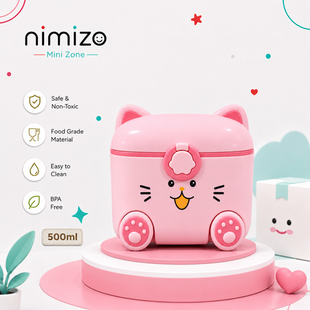 A pink cat-shaped mini food storage container by nimizo Mini Zone, displayed on a white and pink pedestal with product feature icons and a 500ml label on a clean white background.