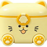 A cute, cat-shaped plastic storage box or organizer in pale yellow, featuring embroidered-style black whiskers, eyes, and a smiling face on the front, with a yellow paw-print handle on top and two paw-print wheels at the bottom.
