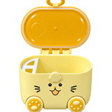 A yellow and orange cat-shaped plastic storage container with its lid open, featuring a cute cartoon face and paw-print wheels on a plain white background.