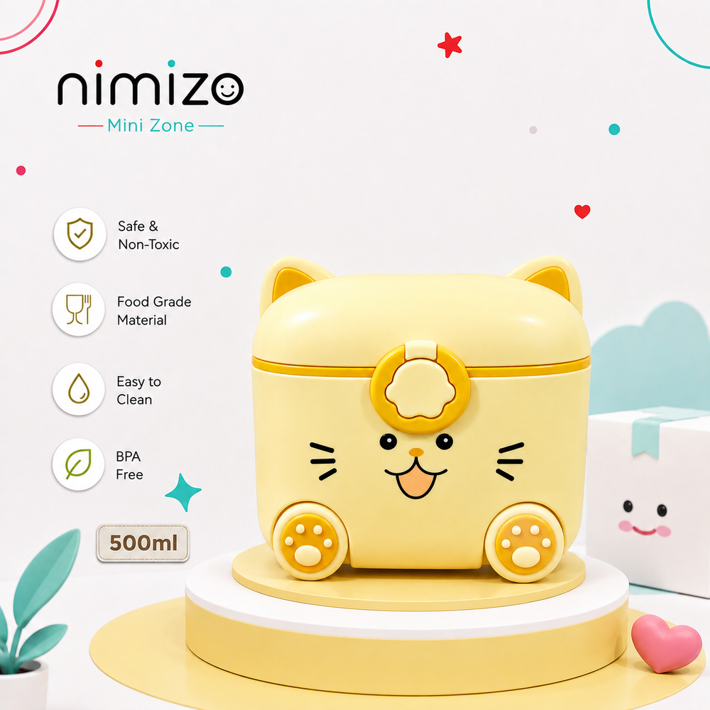A yellow cat-shaped mini storage box by nimizo Mini Zone, displayed on a white and yellow pedestal. The box features a cute cartoon face, paw-print wheels, and a flower-shaped handle.