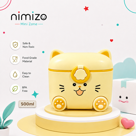A yellow cat-shaped mini storage box by nimizo Mini Zone, displayed on a white and yellow pedestal. The box features a cute cartoon face, paw-print wheels, and a flower-shaped handle.